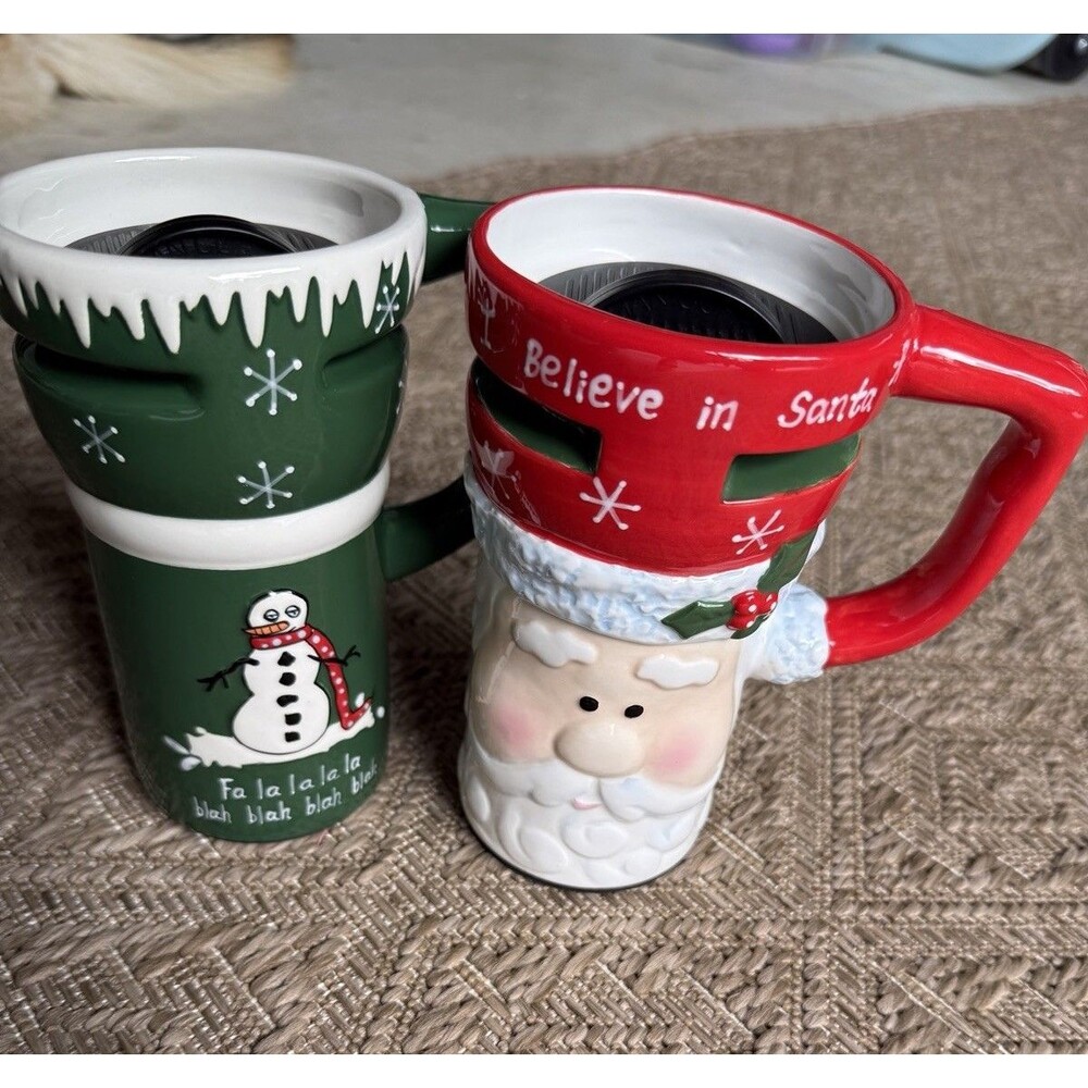 Vintage 3D Ceramic Santa Claus Coffee Mug Believe in Santa Christmas Cup. Set 2 - Picture 2 of 8